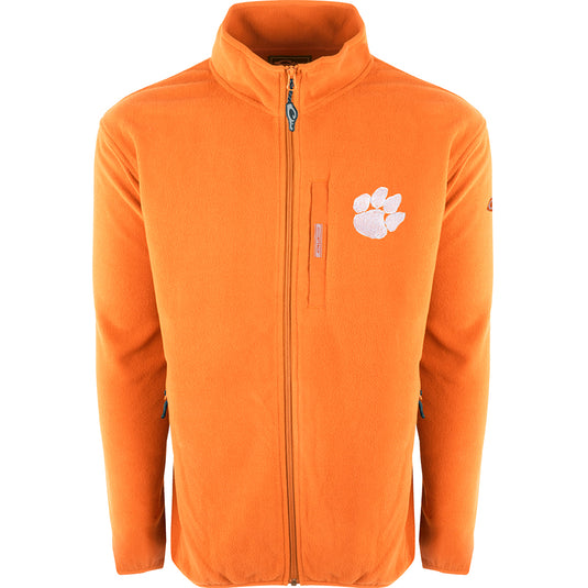 Clemson Full Zip Camp Fleece: Midweight orange jacket with white paw print. Features Clemson logo on right chest. Perfect for cool fall days.
