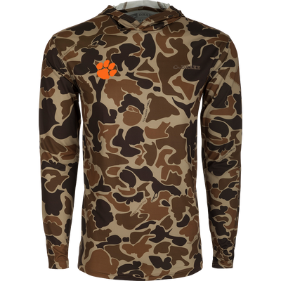 Clemson Performance Long Sleeve Camo Hoodie - A lightweight, versatile hoodie with a camouflage pattern and logo. Built-in cooling, UPF 50, moisture-wicking, and quick-drying fabric for exceptional functionality. Perfect for hunting and outdoor activities.