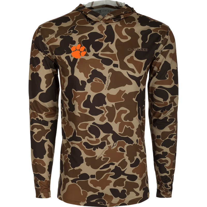 Clemson Performance Long Sleeve Camo Hoodie - A lightweight, versatile hoodie with a camouflage pattern and logo. Built-in cooling, UPF 50, moisture-wicking, and quick-drying fabric for exceptional functionality. Perfect for hunting and outdoor activities.
