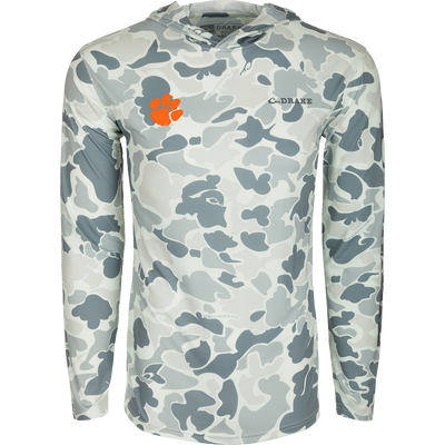 Clemson Performance Long Sleeve Camo Hoodie - A versatile, lightweight hoodie with a camouflage pattern, built-in cooling, UPF 50 sun protection, and moisture-wicking properties. Perfect for outdoor activities.