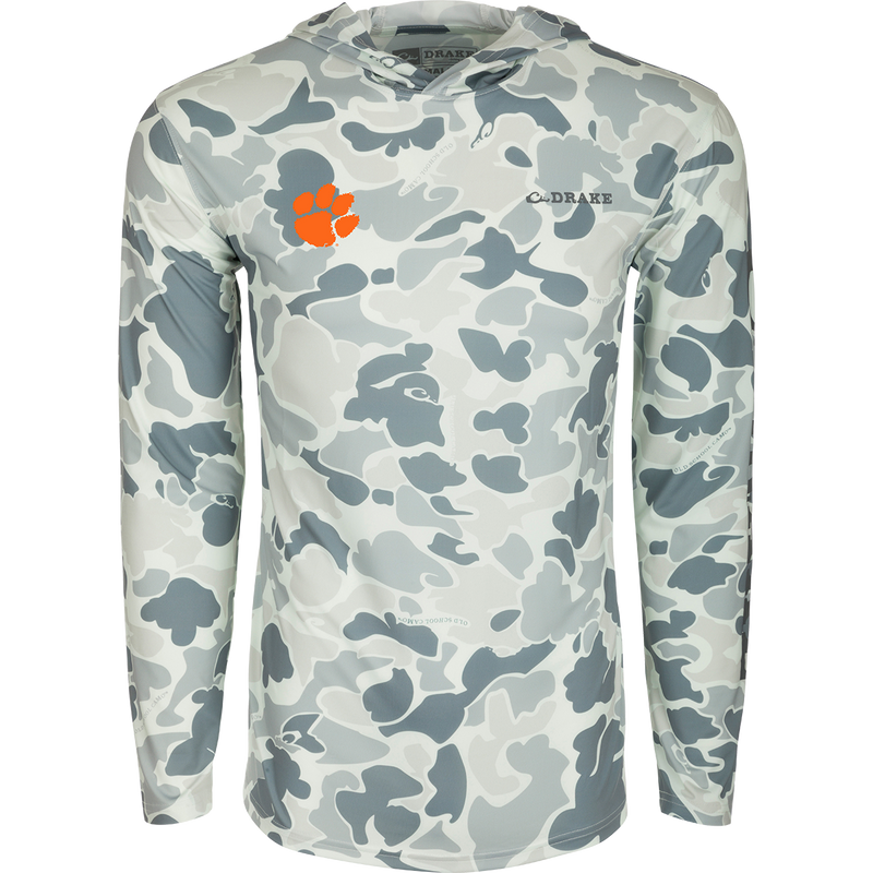 Clemson Performance Long Sleeve Camo Hoodie - A versatile, lightweight hoodie with a camouflage pattern, built-in cooling, UPF 50 sun protection, and moisture-wicking properties. Perfect for outdoor activities.