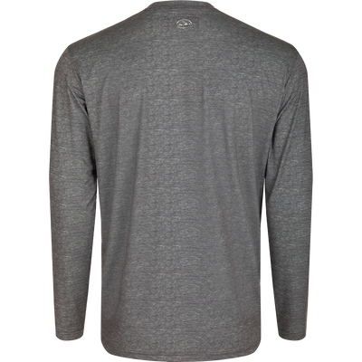 Clemson Performance Heather Long Sleeve Crew, a lightweight grey shirt with built-in cooling, UPF 50 sun protection, and moisture-wicking properties. Ideal for all-weather conditions.