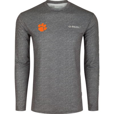 Clemson Performance Heather Long Sleeve Crew: A grey shirt with an orange paw print, designed for exceptional functionality and performance. Lightweight, moisture-wicking, and quick-drying fabric with UPF 50 sun protection. Perfect for all-year wear in various weather conditions.