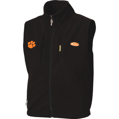 Clemson Windproof Layering Vest features a black, sleeveless design with Clemson Tigers' paw-print and oval logos, stand-up collar, and multiple functional pockets.