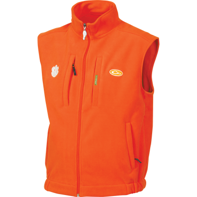 Clemson Windproof Layering Vest, sleeveless with high collar, zippered chest and hand pockets, embroidered logos, designed for warmth without bulk.