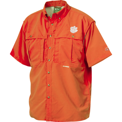 Clemson Wingshooter's Shirt with button-down collar, two snap chest pockets, embroidered paw-print logo, and vented back for breathability. Ideal for game day comfort.