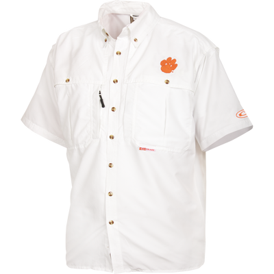Clemson Wingshooter's Shirt Short Sleeve features two flap chest pockets, an orange paw logo, and ventilation for breathability, ideal for outdoor activities.