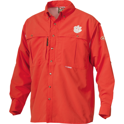 Clemson Wingshooter's Shirt Long Sleeve with white paw logo, zippered chest pocket, snap closures, and ventilation. Designed for breathability and quick-drying comfort.