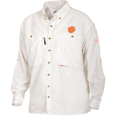 Clemson Wingshooter's Shirt Long Sleeve with embroidered paw logo, dual chest pockets, and ventilation features, ideal for outdoor activities and game day.