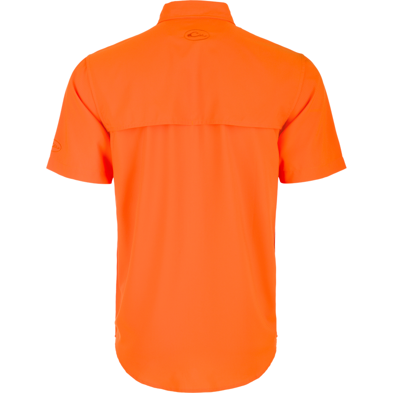 Clemson Frat Dobby Solid Short Sleeve Shirt, back view with hidden collar, vented cape back, and two chest pockets.