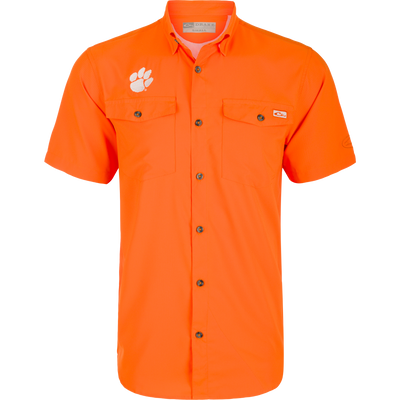Clemson Frat Dobby Solid Short Sleeve Shirt: Orange shirt with logo and paw print, hidden button-down collar, vented cape back, and two chest pockets.