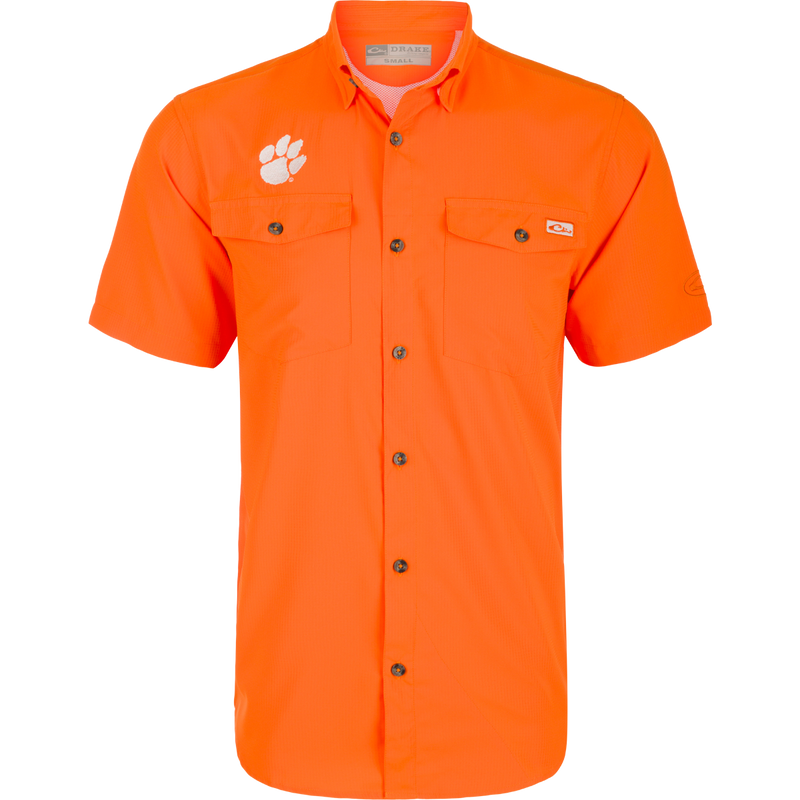 Clemson Frat Dobby Solid Short Sleeve Shirt: Orange shirt with logo and paw print, hidden button-down collar, vented cape back, and two chest pockets.