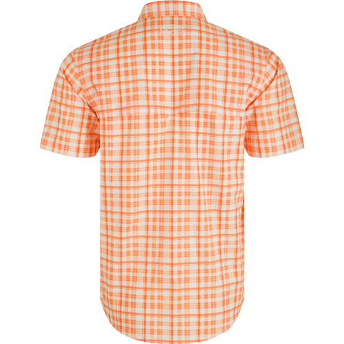 Clemson Hunter Creek Windowpane Plaid Short Sleeve Shirt, back view. Lightweight polyester with built-in cooling, stretch, and UPF 30 sun protection. Moisture-wicking and quick-drying. Hidden button-down collar and vented cape back. Two chest pockets. Sculpted hem.