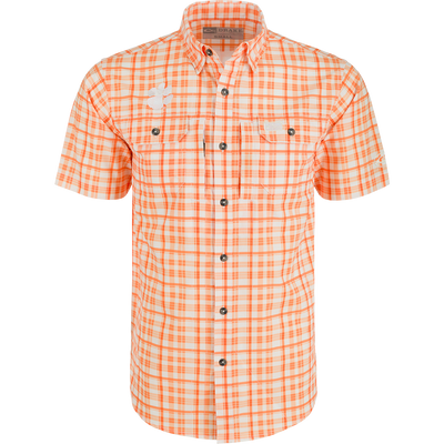 Clemson Hunter Creek Windowpane Plaid Short Sleeve Shirt on mannequin with hidden button-down collar, chest pockets, and vented cape back.