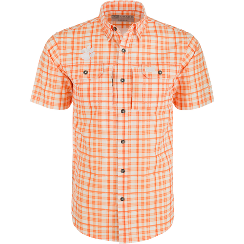 Clemson Hunter Creek Windowpane Plaid Short Sleeve Shirt on mannequin with hidden button-down collar, chest pockets, and vented cape back.