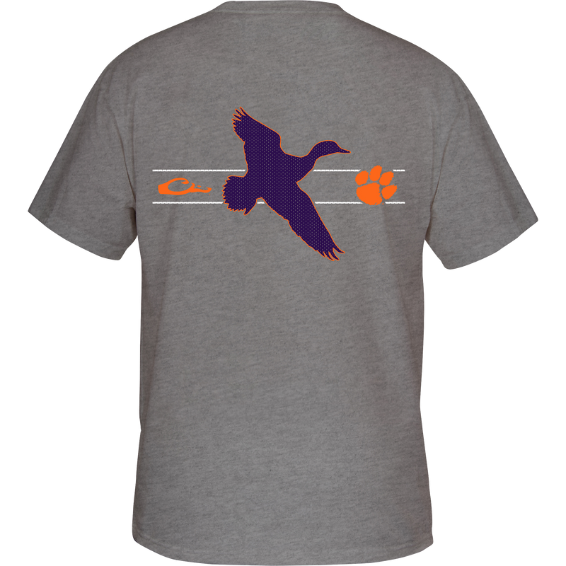 Clemson Drake & School Logo T-Shirt: Back of grey shirt with bird and duck logos. Front left chest has Drake logo with Clemson logo above.