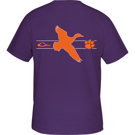 A purple shirt with a flying duck and Clemson logo, representing college team spirit and the Drake brand.