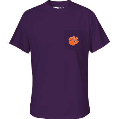 Clemson Black Lab T-Shirt with school logo on chest pocket and black lab head scene on back. Drake Waterfowl branding.