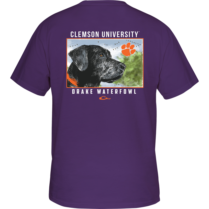 Clemson Black Lab T-Shirt: Back of purple shirt with a dog scene featuring your school's logo and 