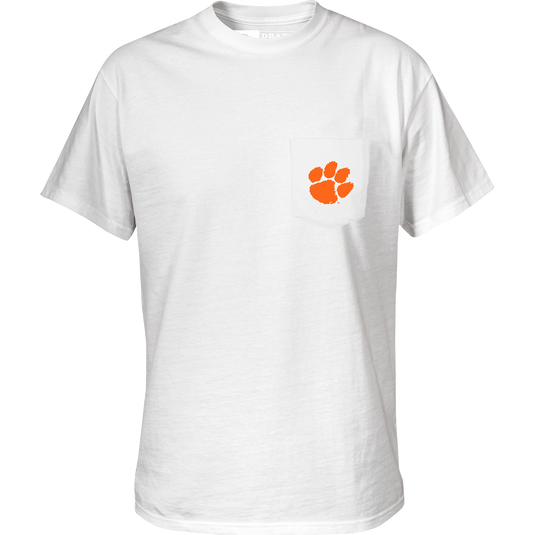 Clemson Saturdays T-Shirt: A white shirt with a paw print logo on the chest pocket and stylized text on the back. Perfect for football season.