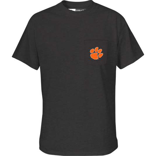 Clemson Cupped Up T-Shirt: A black tee with a stylized cupped up duck scene featuring your school's logo and catch phrase on the back. The front showcases your school's logo on the chest pocket.