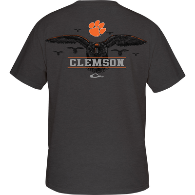 Clemson Cupped Up T-Shirt: Back of grey shirt with eagle and paw print, front features school logo. Perfect for duck season.