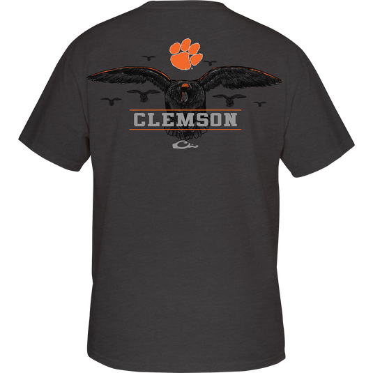 Clemson Cupped Up T-Shirt: Back of grey shirt with eagle and paw print, front features school logo. Perfect for duck season.