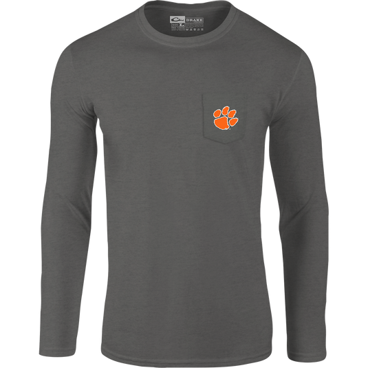 Clemson Sportsman T-Shirt: A long-sleeved grey shirt with a paw print logo on the chest pocket. Back artwork showcases items used on Saturdays in the South, featuring your school's logo. Made of a cotton/poly blend fabric for comfort.