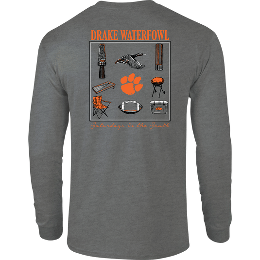 Clemson Sportsman T-Shirt: Back of a grey long-sleeved shirt with stylized scene showcasing items used on Saturdays in the South, featuring school's logo.