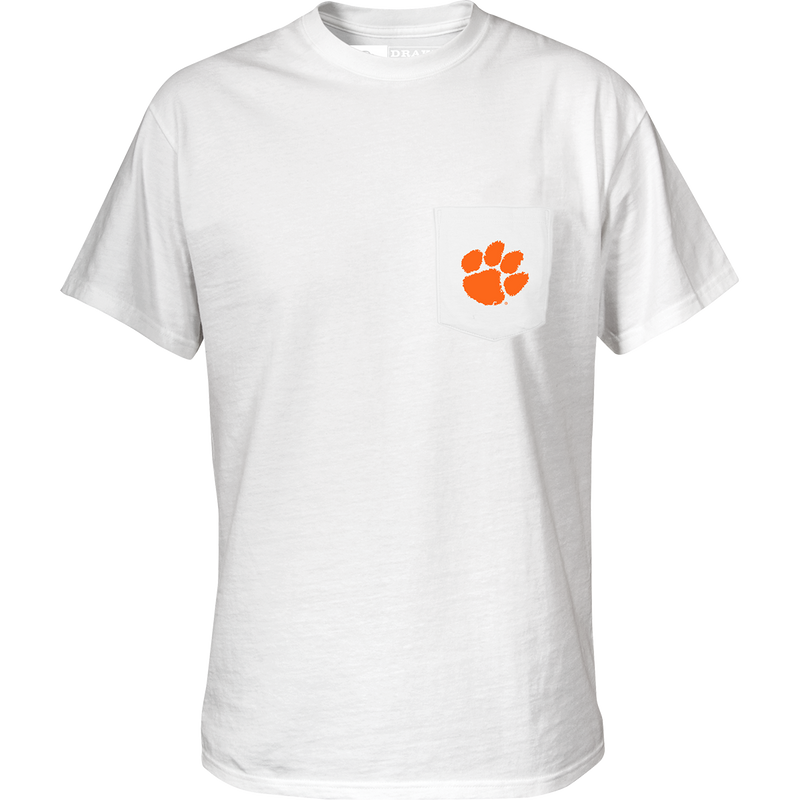 Clemson Drake Badge T-Shirt with paw print pocket, perfect for everyday wear and game days.