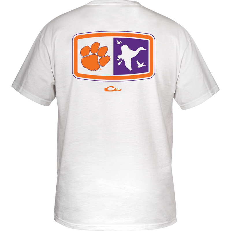 Clemson Drake Badge T-Shirt with orange and purple logo on white fabric, featuring a pocket on the front chest.