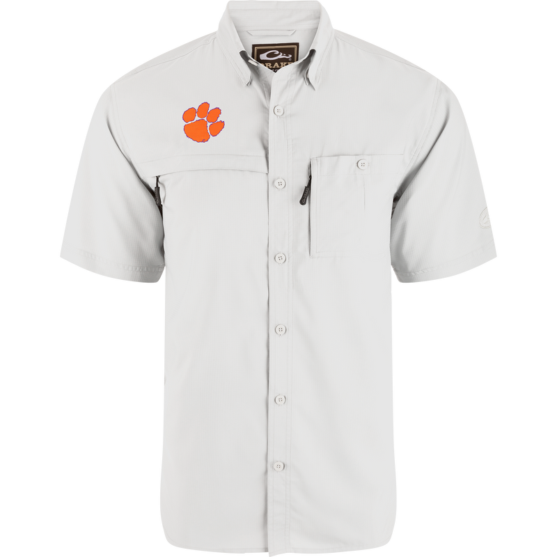 Clemson 8-Shot Short Sleeve Shirt with point collar, dual chest pockets, and embroidered tiger-paw logo; designed for comfort with moisture-wicking and sun protection features.
