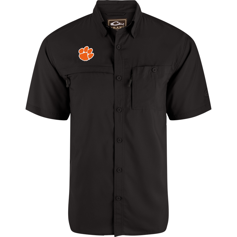 Clemson 8-Shot Short Sleeve Shirt with fold-down collar, left chest pocket, and embroidered tiger-paw logo, featuring moisture-wicking, lightweight fabric, and UPF 30 sun protection.