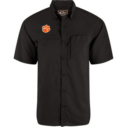Clemson 8-Shot Short Sleeve Shirt with fold-down collar, left chest pocket, and embroidered tiger-paw logo, featuring moisture-wicking, lightweight fabric, and UPF 30 sun protection.