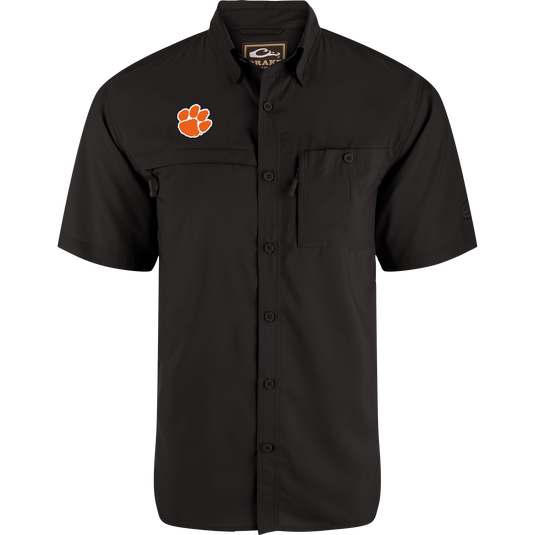 Clemson 8-Shot Short Sleeve Shirt with fold-down collar, left chest pocket, and embroidered tiger-paw logo, featuring moisture-wicking, lightweight fabric, and UPF 30 sun protection.