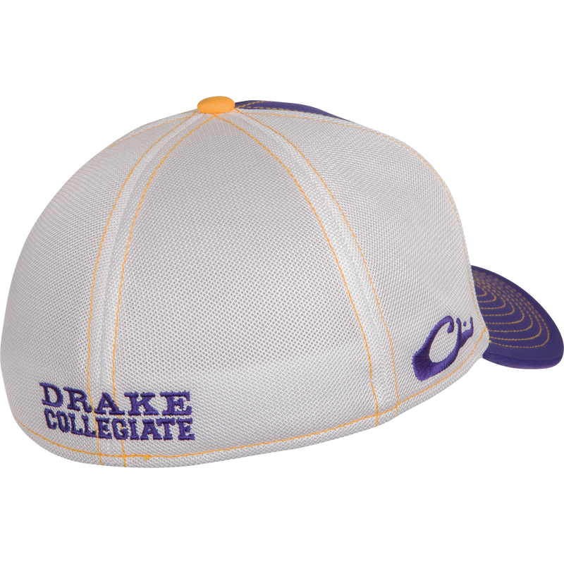 LSU Stretch Fit Cap - A white and purple hat with text on it, featuring a raised team logo on the front. Breathable mesh back with solid color front panels. Available in M/L and XL/2X sizes. Made of cotton stretch-fit material. Ideal for big game hunting, waterfowl hunting, turkey hunting, and fishing.