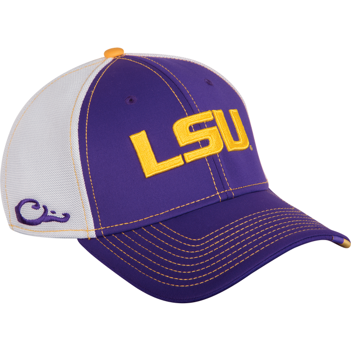 LSU Stretch Fit Cap - A baseball cap with a mesh back and solid color front panels. Features a raised team logo embroidery on the front. Available in M/L and XL/2X sizes. Made of cotton stretch-fit material.
