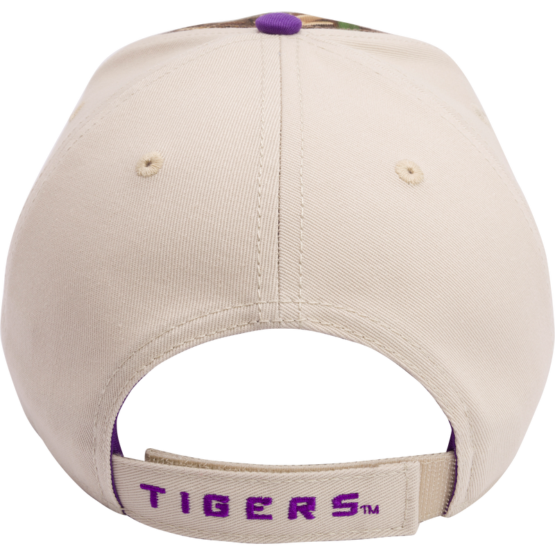 LSU Max-7 Twill Cap from Drake Waterfowl: Realtree Max 7 Camo pattern, structured 6-panel cap with embroidered college logo, X-Peak visor, and adjustable closure. Ideal for hunting and casual wear.