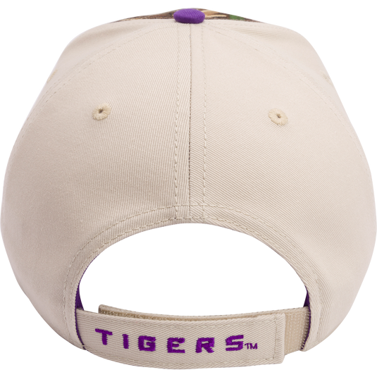 LSU Max-7 Twill Cap from Drake Waterfowl: Realtree Max 7 Camo pattern, structured 6-panel cap with embroidered college logo, X-Peak visor, and adjustable closure. Ideal for hunting and casual wear.