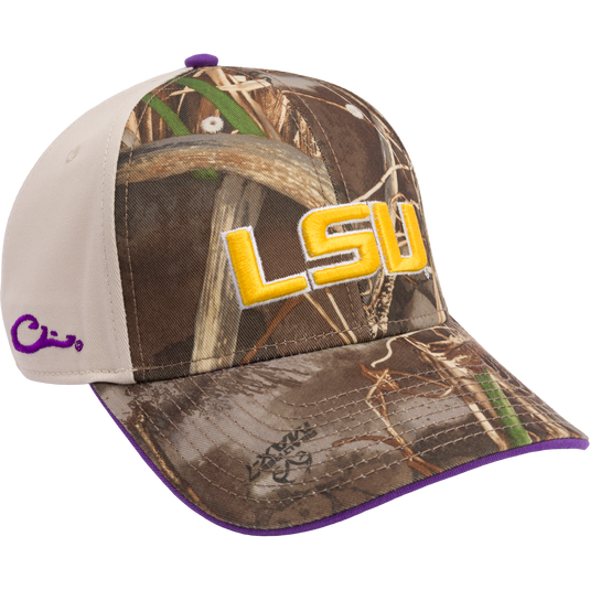 LSU Max-7 Twill Cap in Realtree Max 7 Camo pattern. Structured 6-panel cap with X-Peak visor, embroidered college logo, and adjustable closure. Ideal for hunting and outdoor enthusiasts.