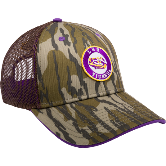LSU Bottomland Mesh Back Cap by Drake Waterfowl: Mossy Oak camo patterned trucker hat with embroidered college logo, mesh back panels, and snap-back closure.