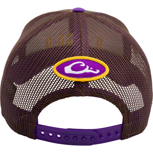 LSU Old School Green Cap with college logo embroidered in 3D on a purple and yellow hat with mesh back panels and snap-back closure. From Drake Waterfowl's Collegiate Series.