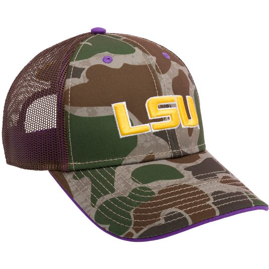 LSU Old School Green Cap: Camouflage hat with purple accents, mesh back panels, structured crown, curved visor, and 3D embroidered college logo. From Drake Waterfowl's Collegiate Series.
