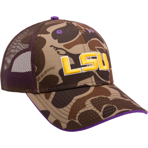 LSU Old School Cap: A structured trucker hat with mesh back panels, X-Peak visor, and embroidered college logo. Back snap-back closure for adjustability.
