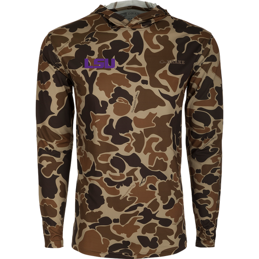 LSU Performance Long Sleeve Camo Hoodie, a functional and versatile lightweight shirt with built-in cooling, UPF 50 sun protection, and moisture-wicking properties. Ideal for outdoor activities.