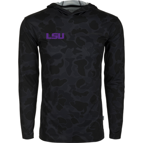 LSU Performance Long Sleeve Camo Hoodie - A versatile, lightweight hoodie with cooling, stretch, and moisture-wicking features. Perfect for outdoor activities.