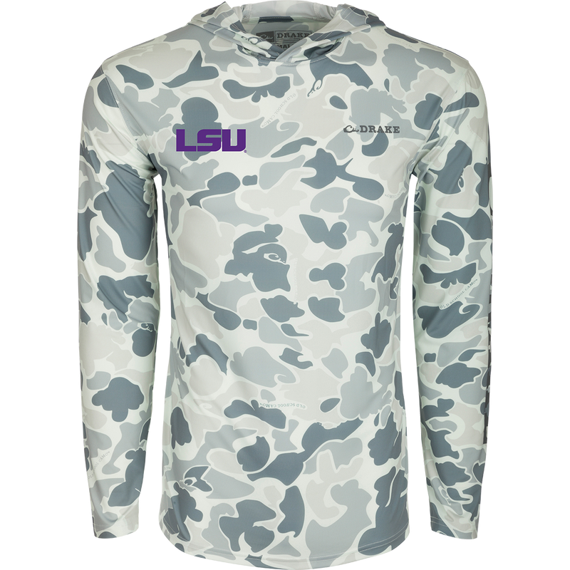 LSU Performance Long Sleeve Camo Hoodie, a lightweight and versatile hoodie with built-in cooling, UPF 50 sun protection, and moisture-wicking properties. Ideal for outdoor activities.