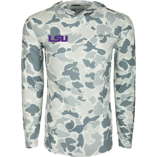 LSU Performance Long Sleeve Camo Hoodie, a lightweight and versatile hoodie with built-in cooling, UPF 50 sun protection, and moisture-wicking properties. Ideal for outdoor activities.