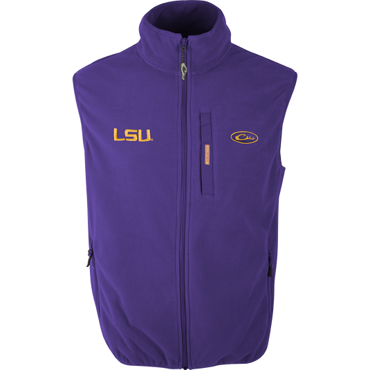 A close-up of the LSU Camp Fleece Vest with windproof barrier, stand-up collar, and multiple pockets.