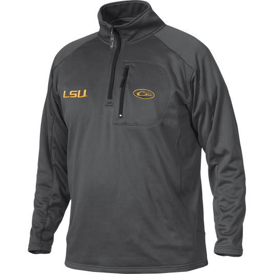 A grey LSU Breathelite 1/4 Zip jacket with logo embroidery on the right chest, featuring a zipper and a vertical front chest zippered pocket. Made of 100% polyester with 4-way stretch and square check fleece backing. Ideal for active outdoorsmen in cool weather.